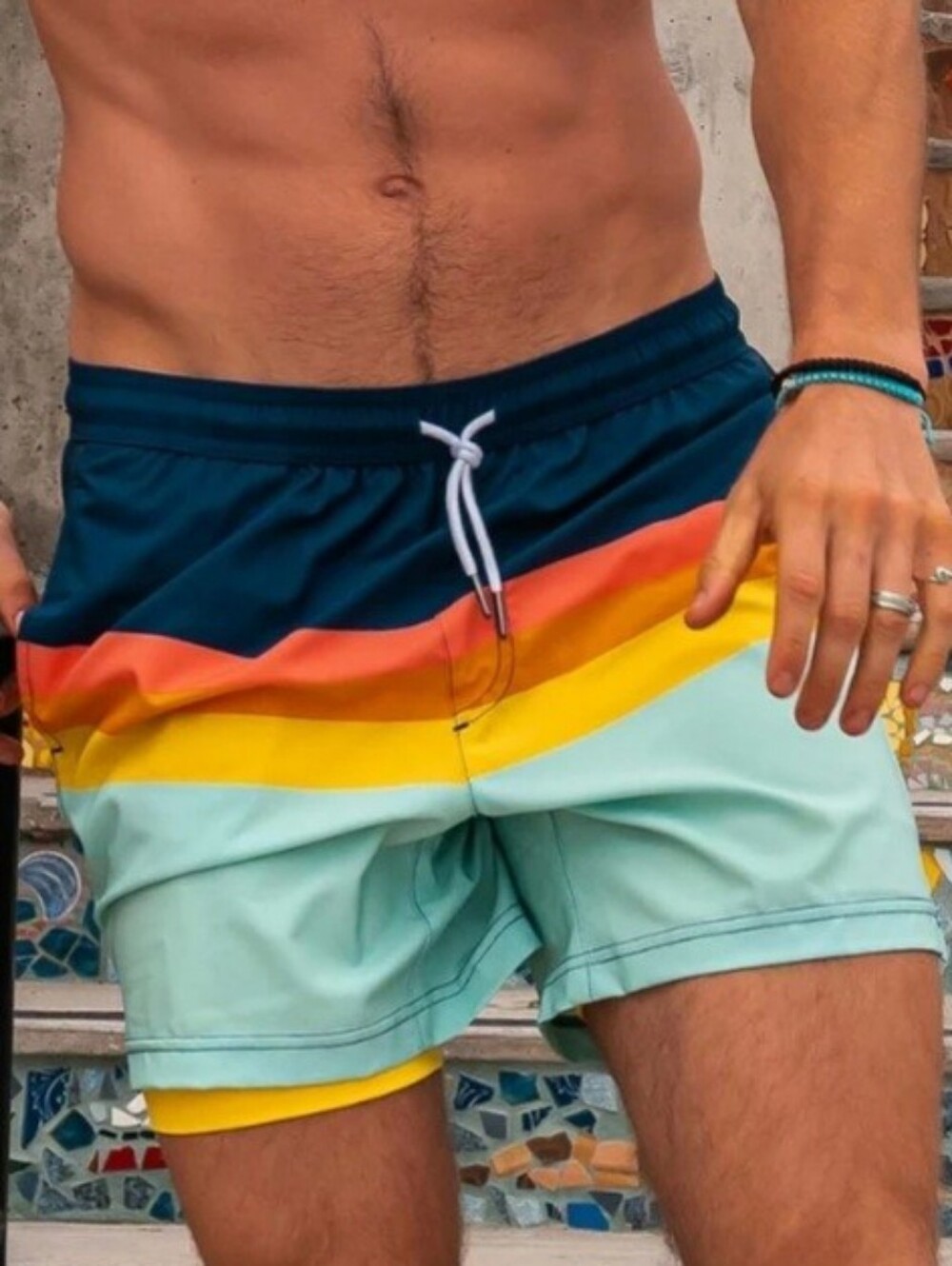 Maamgic ZestZebra Rainbow Stripe 5.5" Swim Trunks  Mens Small